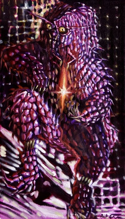 A magenta humanoid alien in a high contrast grid, composed of a cross of light and dark parks covered in spikey scales, with yellow insectoid eyes, gesturing around a flaming eight pointed star.