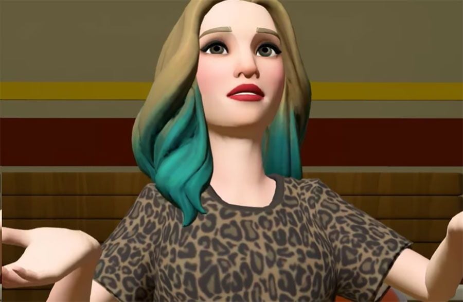 Low-polygon graphic of a woman in a leopard-print T-shirt gesturing with palms up.