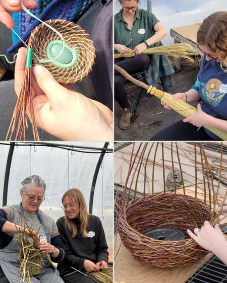 Collage of photos showing people weaving baskets and brooms 