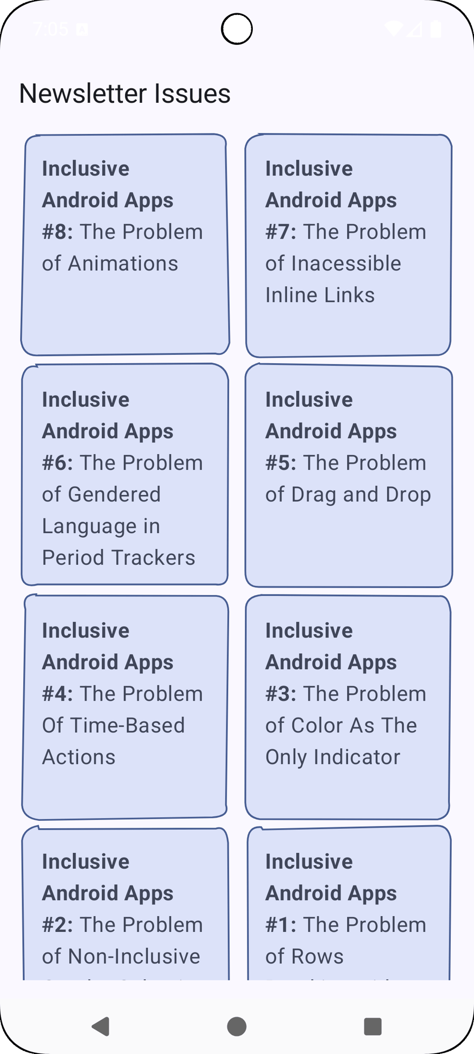 List of cards on two columns, each of them has the pattern of "Inclusive Android Apps", the number of issue, and then text telling which problem that issue contains.