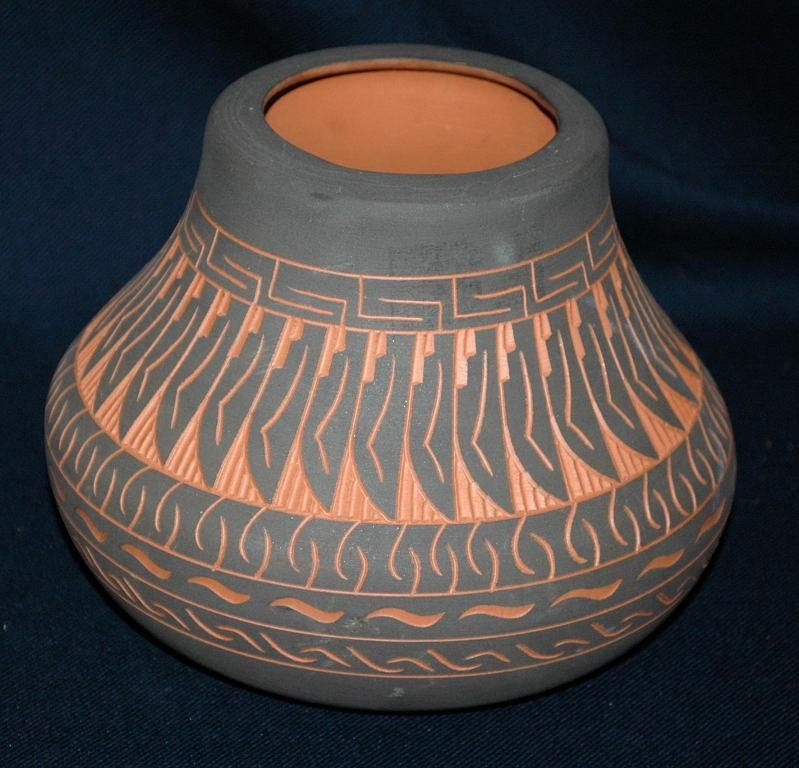 Navajo vase. Bulbous-looking, made of red clay, this one is painted black on the outside, with rows of different geometric etchings, each exposing the clay underneath.