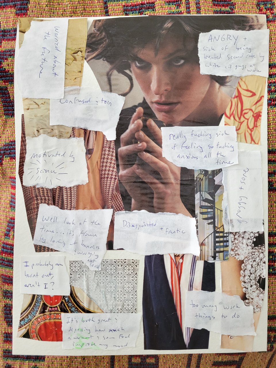 A collage featuring scraps of highly emotive texts encircling the face of a person with a scheming look on their face