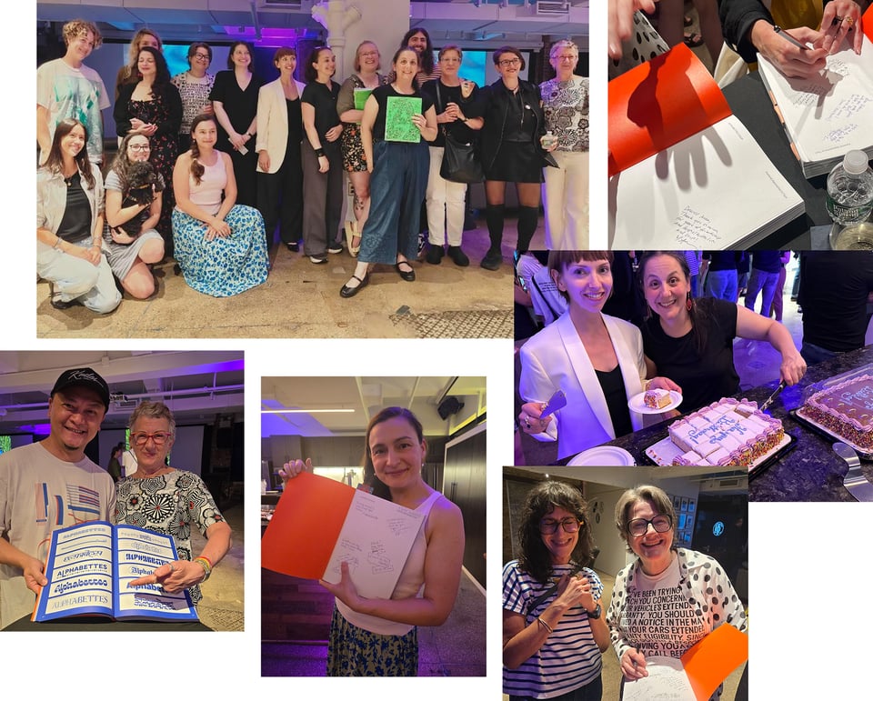 a collage of images of people at a party, holding books and signing in books, people are smiling and talking, two people are cutting a cake