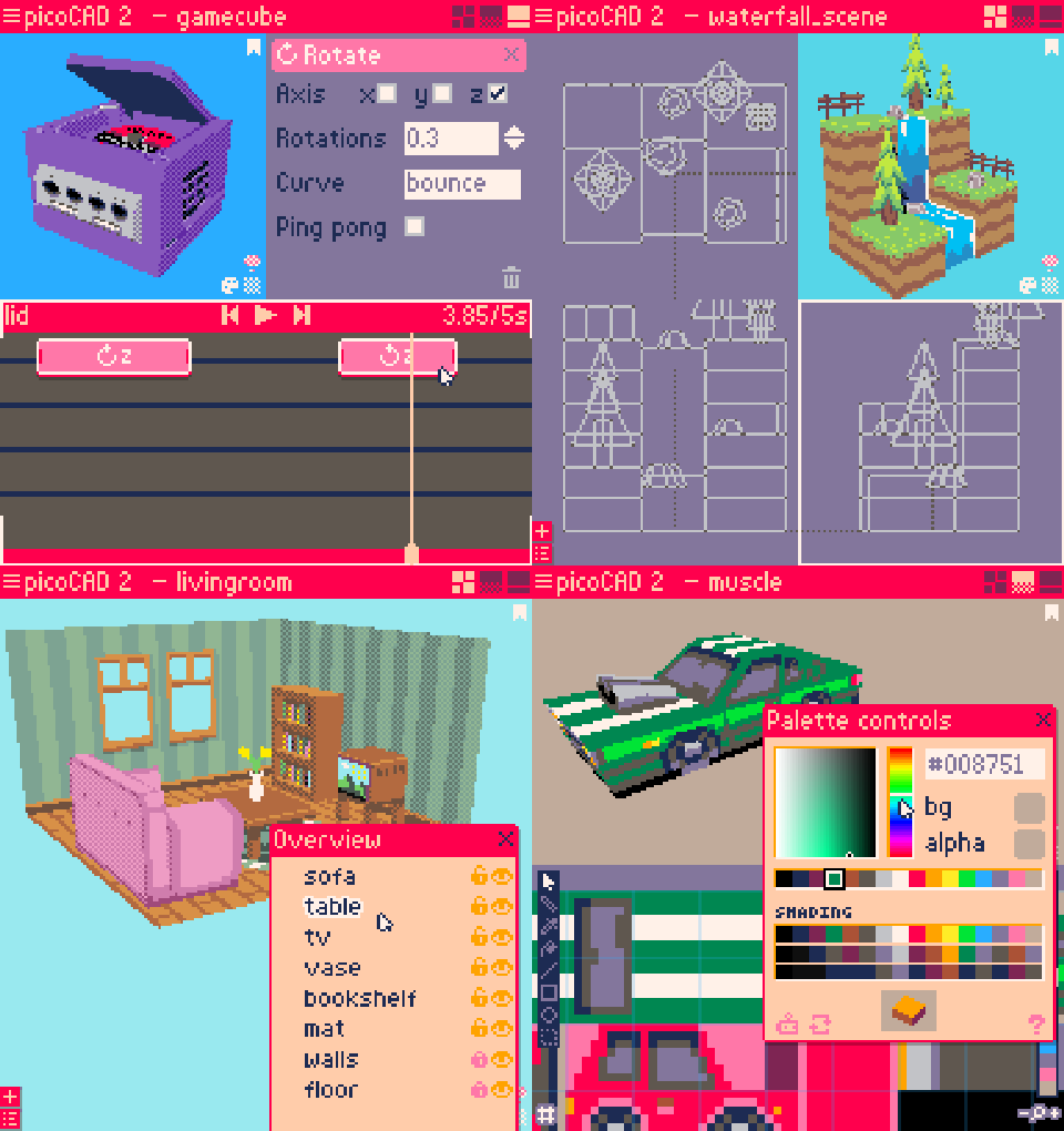 Four screenshots from picoCAD 2 showing modeling, texturing, and animation.