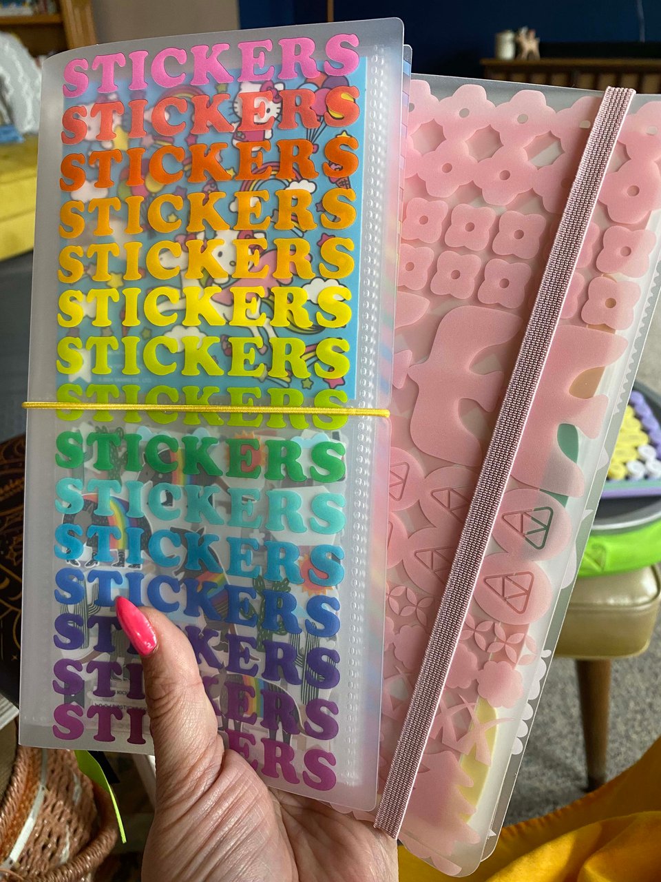 a femme hand holding two small flexible folding organizers with plastic sleeves for sticker organizing