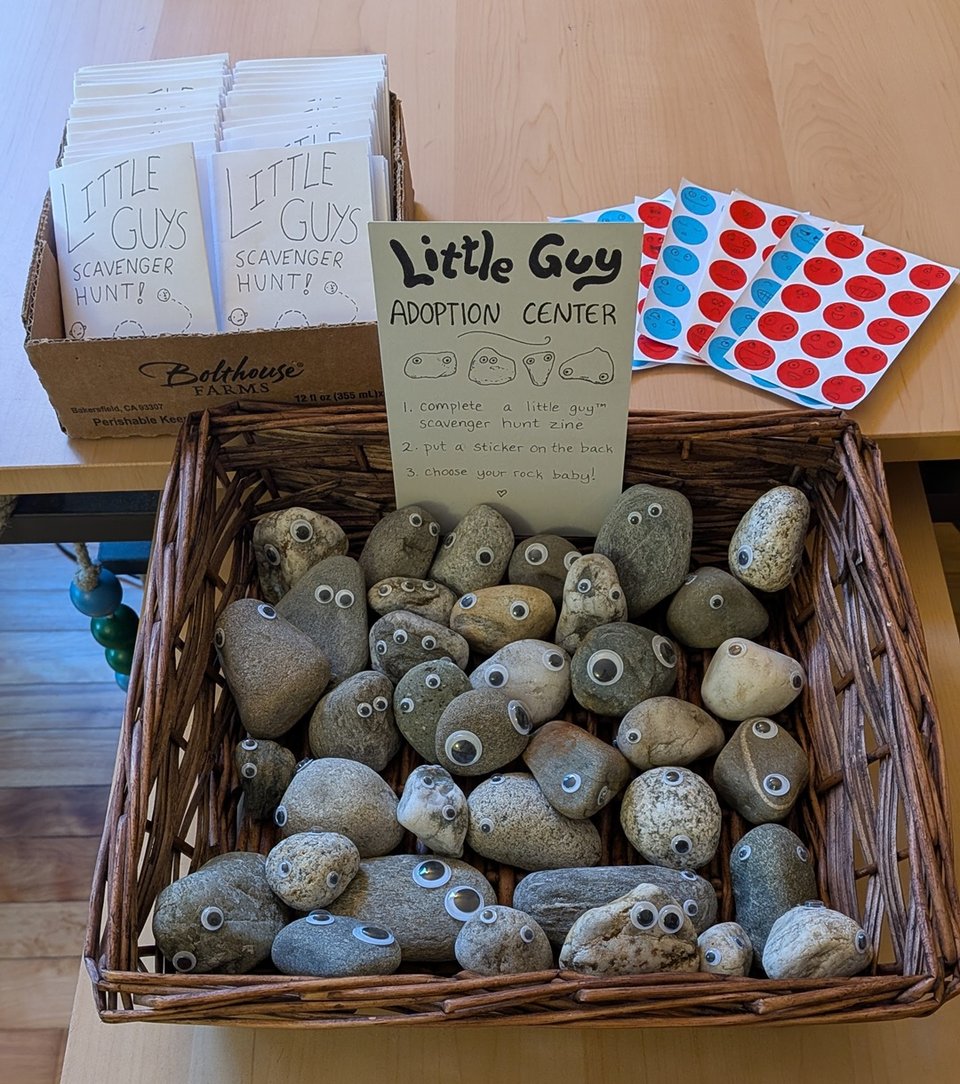 a basket full of rocks with googley eyes, with a sign saying Little Guy Adoption Center.