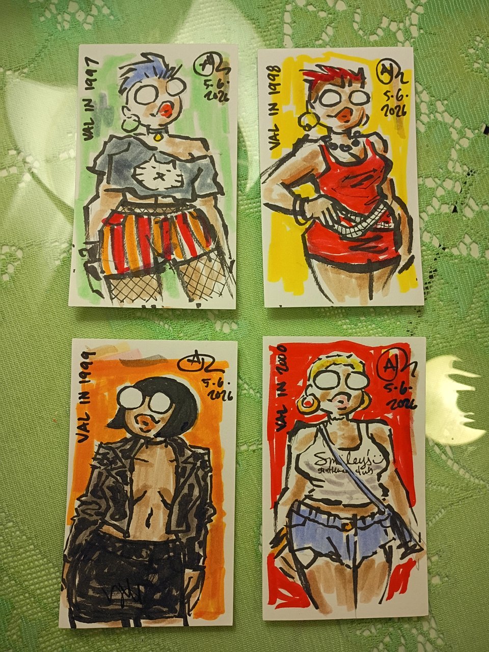 Four ink and marker drawings of Val from Meeting Comics / The Val Cannon Mysteries in 1997, 1998, 1999, and 2000