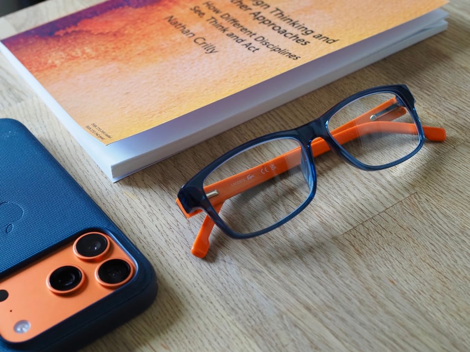 A pair of glasses, an iPhone, and a book