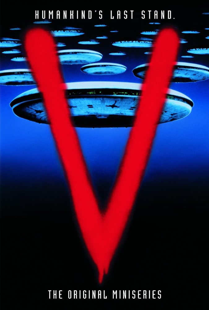 A large red graffiti V against an array of UFOs in the night sky, the words "the original miniseries" below
