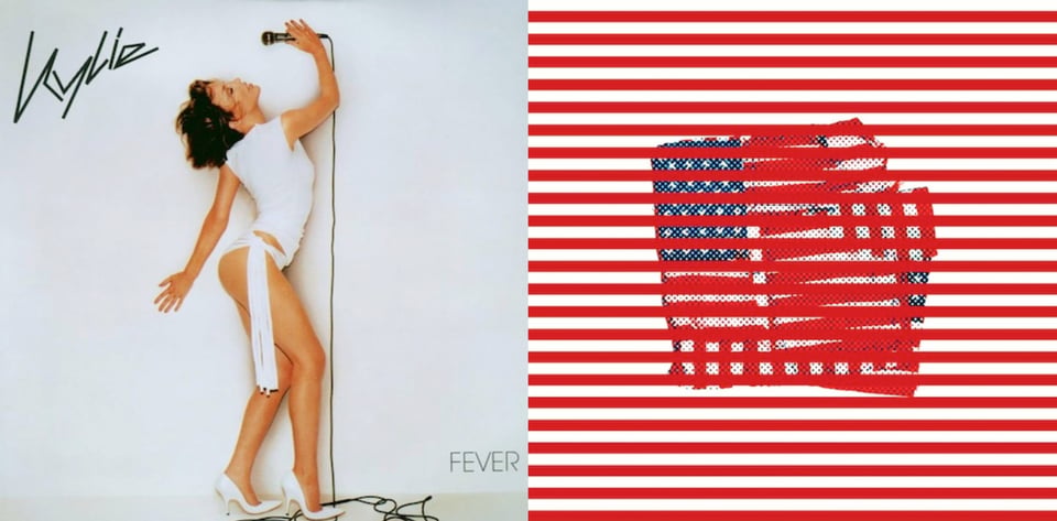 First pic: Singer Kylie Minogue, a white woman with neck-length dark blonde hair. She is wearing a white top and something like a white bikini bottom, with a long white tassel falling from the hip. She wears white high heels. She is holding a microphone far above her head, with her head cocked back, and the other arm is thrown back behind her. Second pic: This appears to be a photo of two American flags, folded up into squares, one on top of the other, but with a a series of horizontal red lines (like on the American flag) cutting across the image and obscuring it to some degree.
