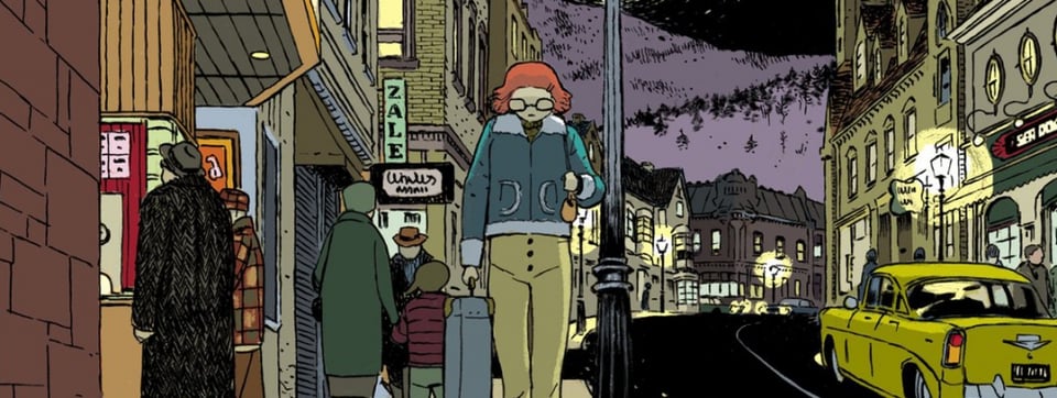 Friday, protagonist of the comic with her name, travels down a bustling street.