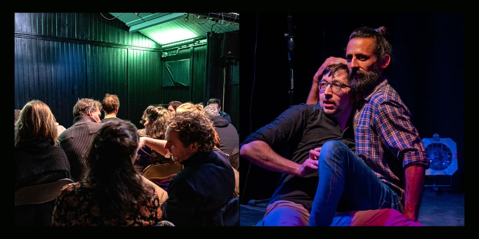a collage of a cozy audience seen from the back & actors Cedric and Diego sitting close together on a stage