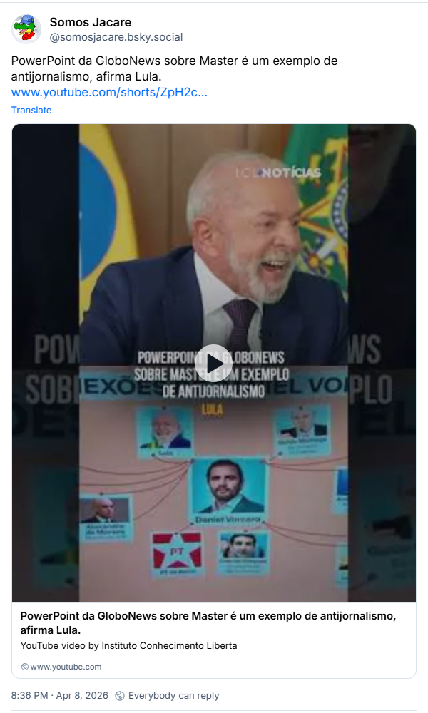Post de Somos Jacare (‪@somosjacare.bsky.social‬): PowerPoint da GloboNews sobre Master é um exemplo de antijornalismo, afirma Lula. (post contem video com trecho de entrevista)