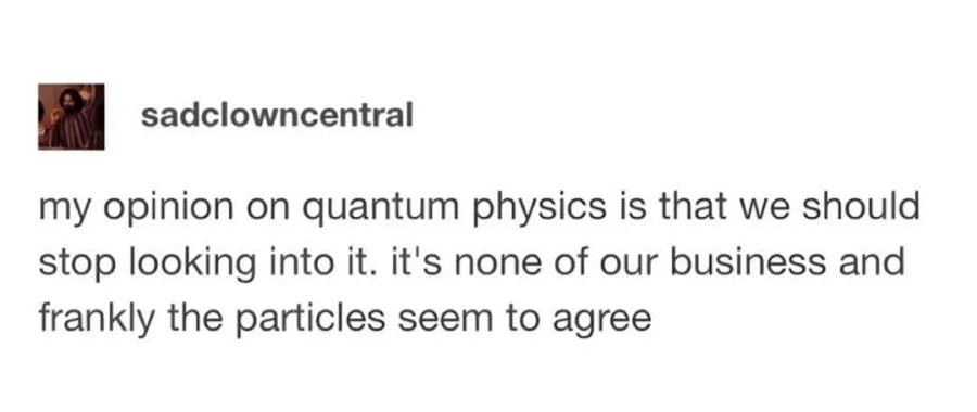 Tumblr screenshot. sadclowncentral: my opinion on quantum physics is that we should stop looking into it. it's none of our business and frankly the particles seem to agree
