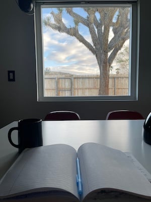 in the foreground an open notebook is on a white table. the notebook has a blue pen in the middle. There's a black coffee mug on the left. In the background is a picture window and beyond it is a large Joshua tree, a wooden fence, blue sky with fluffy clouds