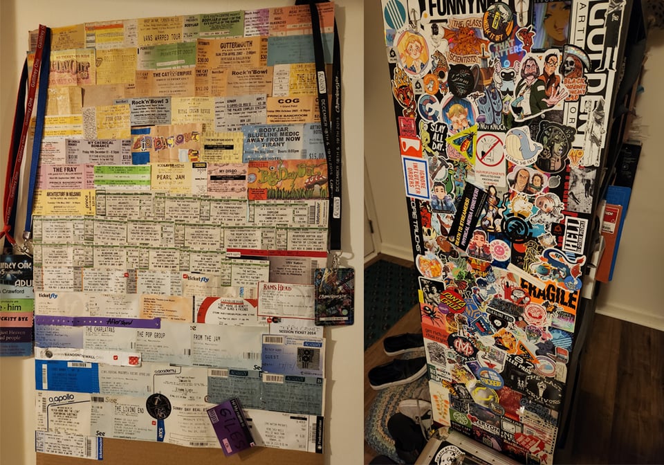 A photo of a collage of concert tickets, and a photo of a bookshelf covered in stickers.
