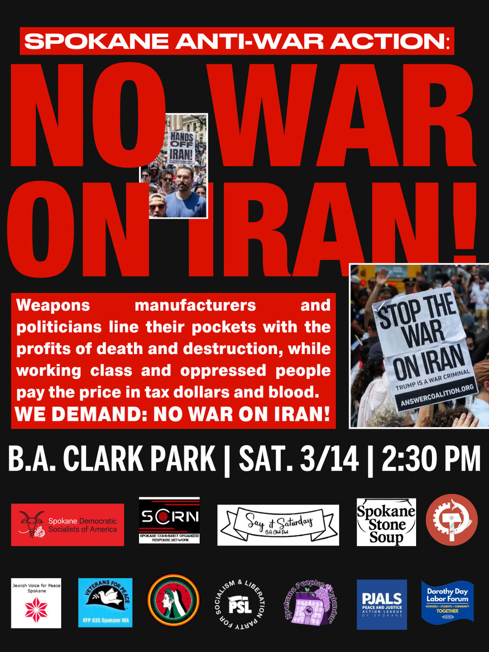 NO WAR ON IRAN ACTION - TOMORROW at 2:30pm