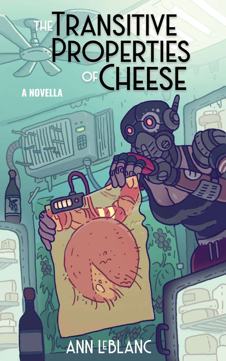A robot body holds up a translucent print of a cheese in a workshop filled with cheeses in fridges.