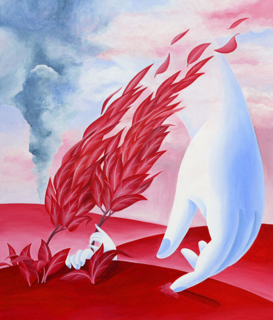 A painting of pale blue hands clutching red-leaved branches in a smooth, rolling red landscape. A painting by Lee Hyosun, titled 그을린 손끝에서_Red dot_07.