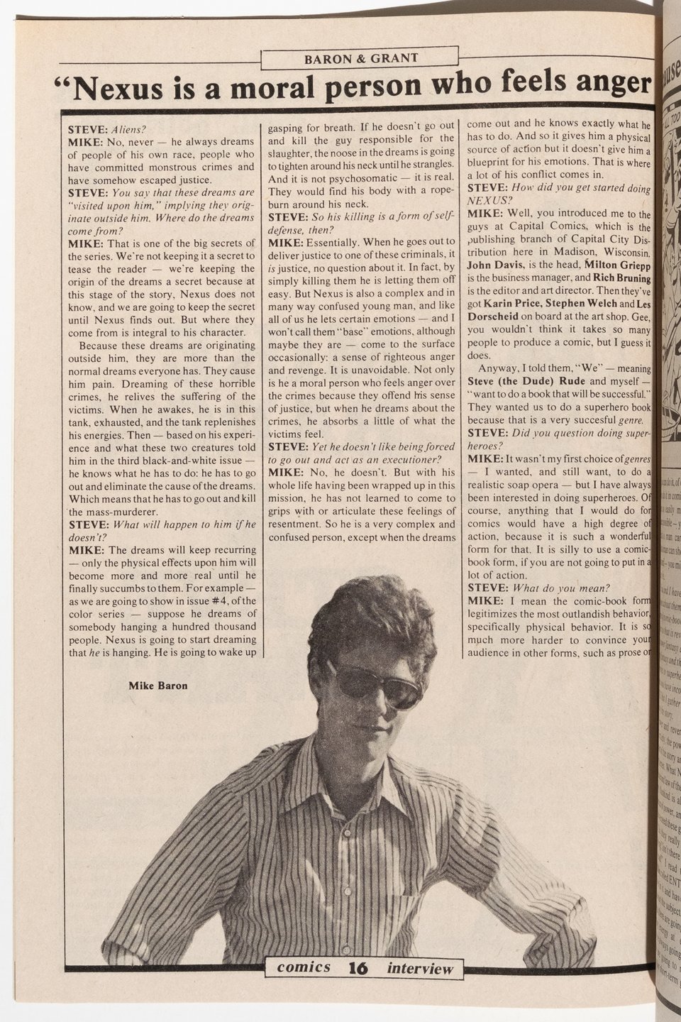 an interview page with Mike Baron. There is a black and white photo of him at the bottom dressed in a stiped buttondown shirt and wearing sunglasses. He looks like every cliche of a young republican and I would bet money he's wearing boat shoes in this photo