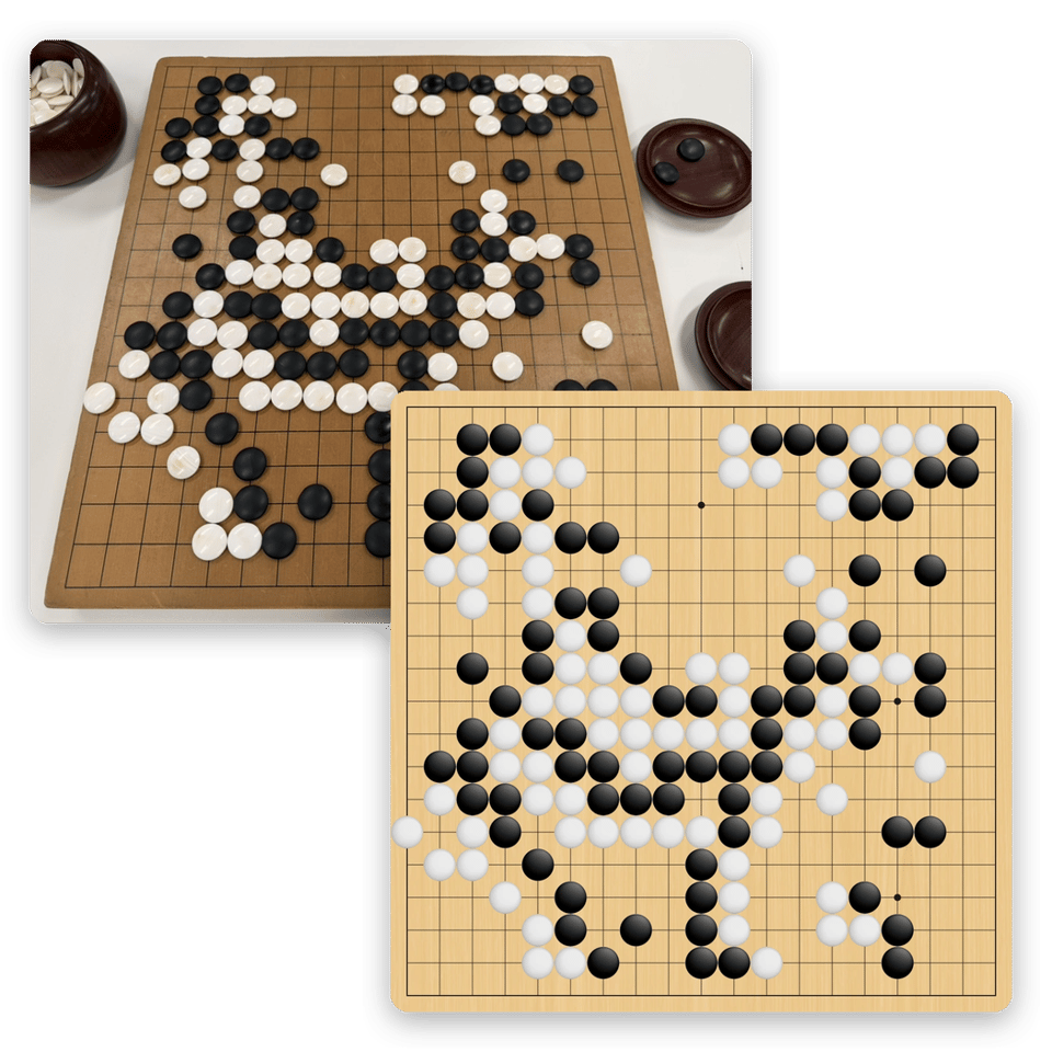 Photo of real go board in the background, with the go position shown in the front