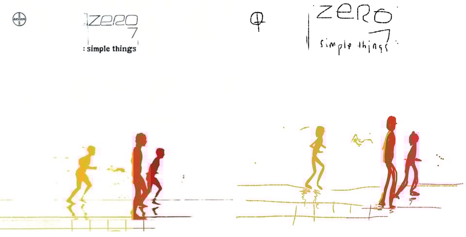 On a white background, at the bottom of the image, are the silhouettes of three men. One is yellow and is running. In front of him is a dark red figure, also running. Between them, in orange, is a man who is walkiing.