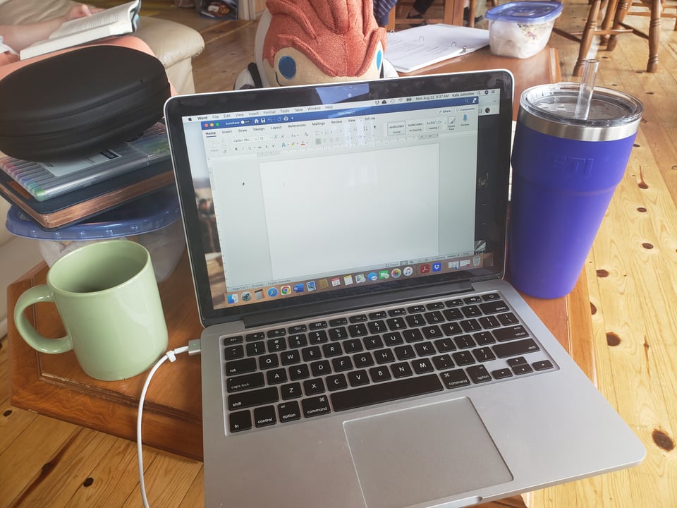 a laptop with a blank document surrounded by too many drinks and my emotional support krogan