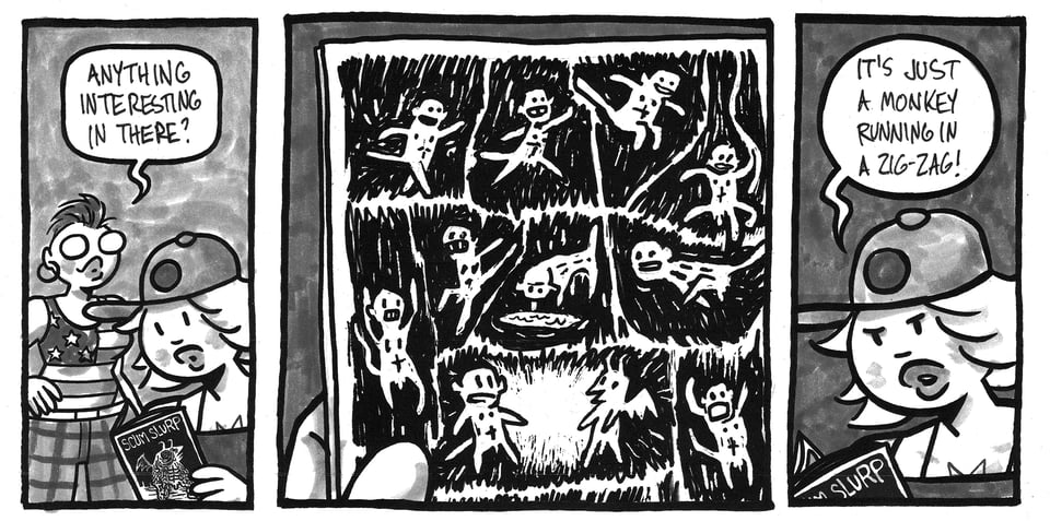 Three panels from NO RACCOONS IN HELL, in which Tori looks at a comic and proclaims "It's just a monkey running in a zig-zag!"