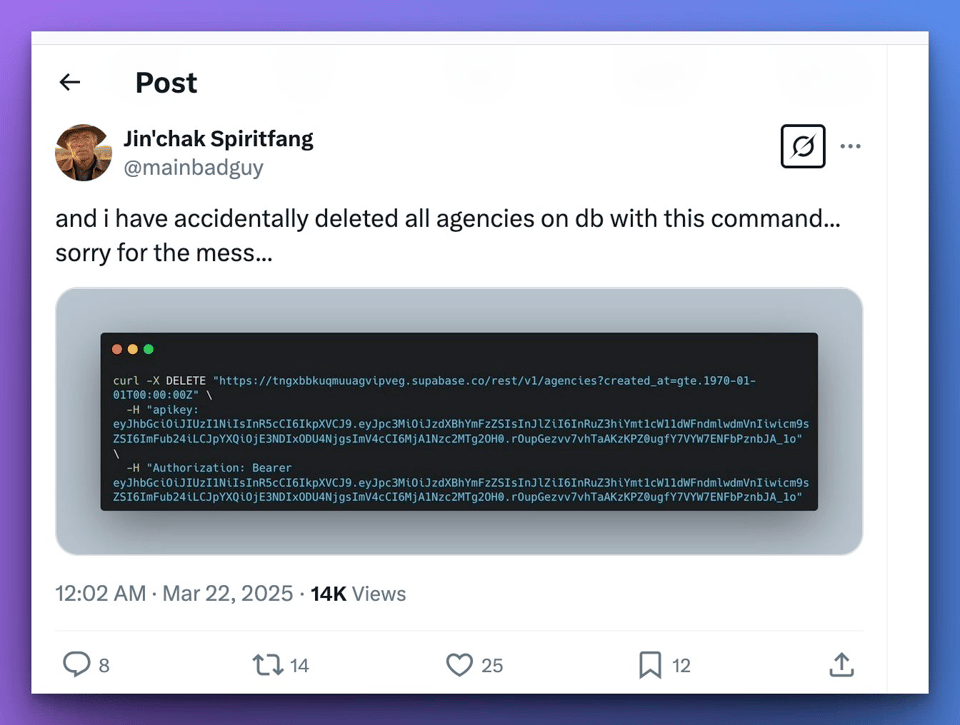 Some how posted about deleting stuff from the database using a command because someone leaked their keys when vide coding
