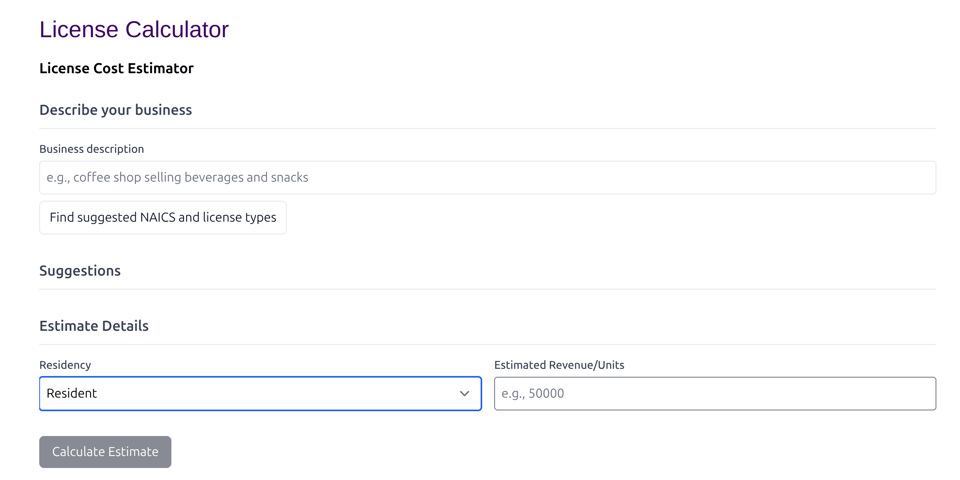 View of the License Calculator Widget showing the form.