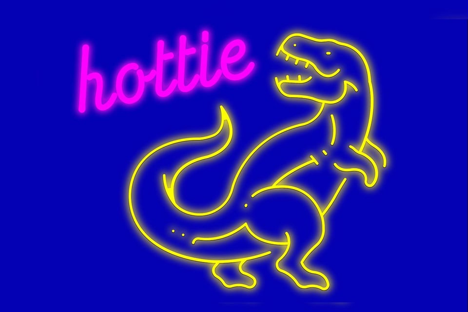 Neon light-inspired art of T. rex in yellow and the words "hottie" in pink.