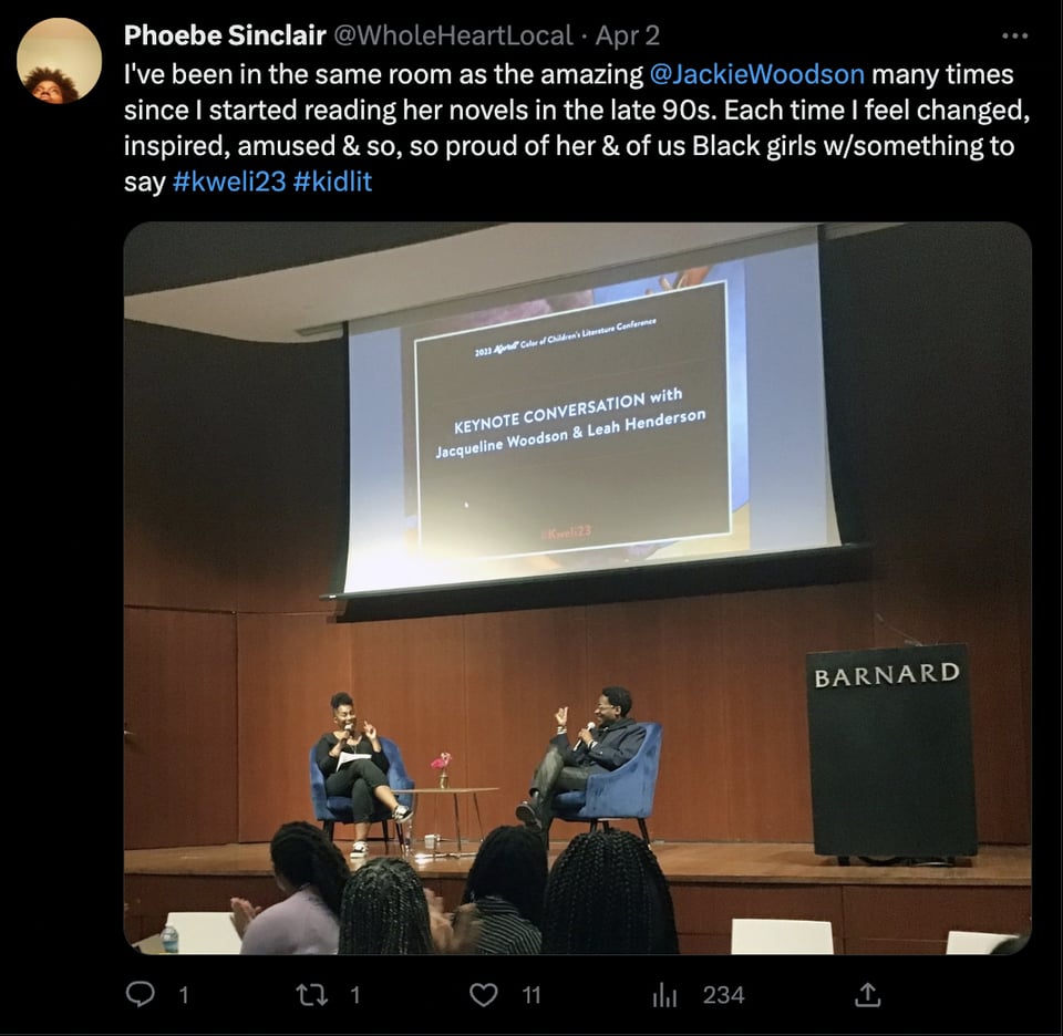 At Kweli Color of Children's Literature Conference, writer Jacqueline Woodson is interviewed by Leah Henderson on stage