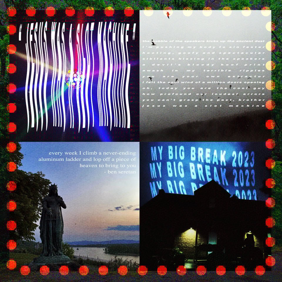 album cover for jesus was a slot machine - four photos collaged in an off kilter orange border: a disco ball light, a flock of birds, a statue on the river, a house in a storm