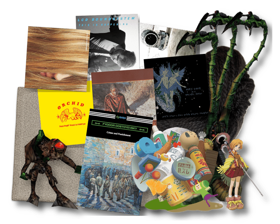 A collage of album covers, video game assets, and book covers