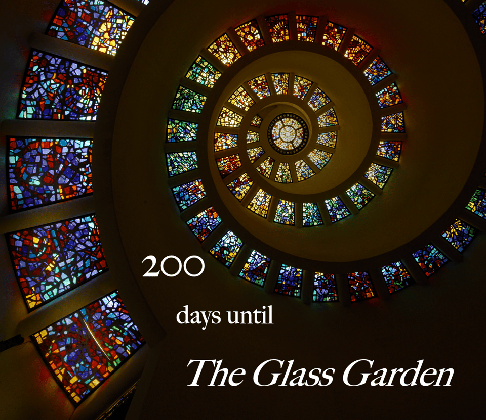 A spiral photo of stained-glass windows with the text: 200 days until The Glass Garden