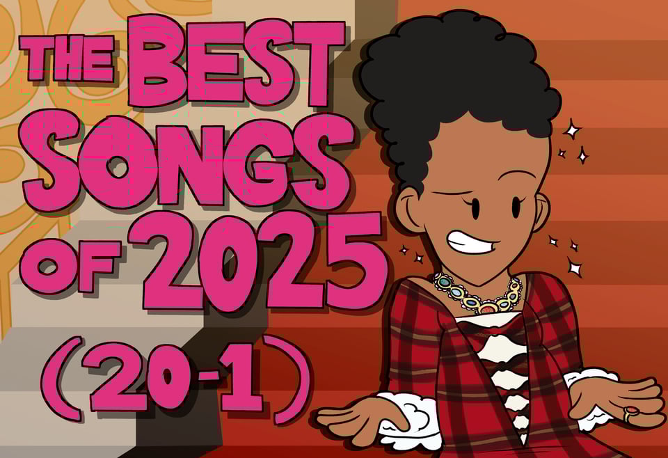 Thumbnail art for the Best Songs of 2025 (20-1). It features me with my hair dolled up wearing a plaid dress and jewelry on my neck and fingers. I'm sitting on some fancy looking stairs. It's based off of the music video for "Tonight" by PinkPantheress.