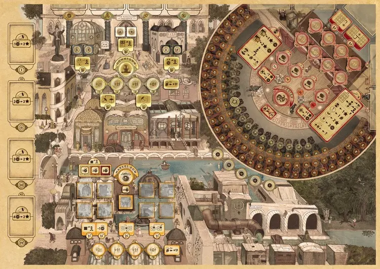 Un plateau de jeu très complexe qui représente à la fois une ville et un plateau de jeu