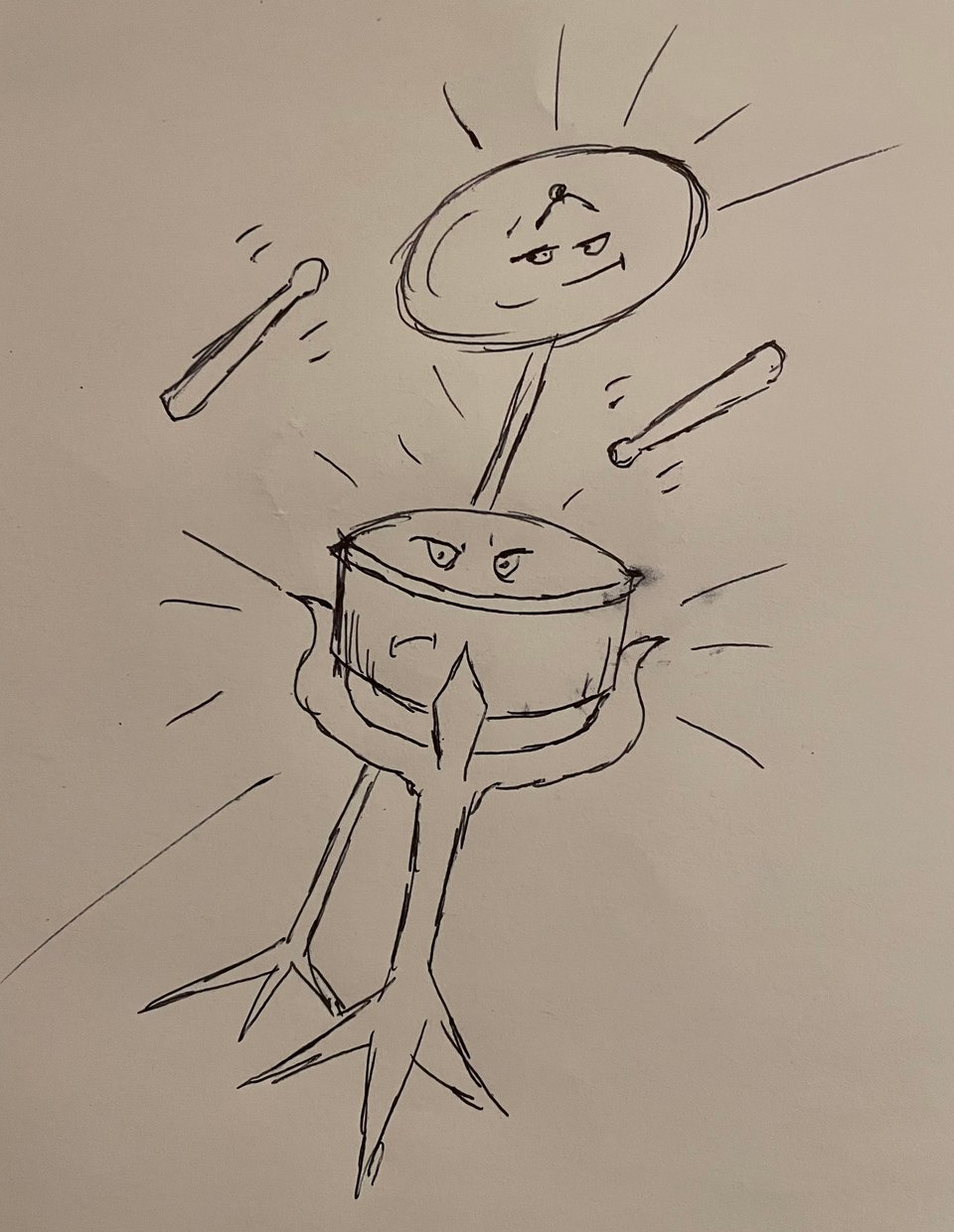 A cranky snare drum and cymbal glower at the viewer