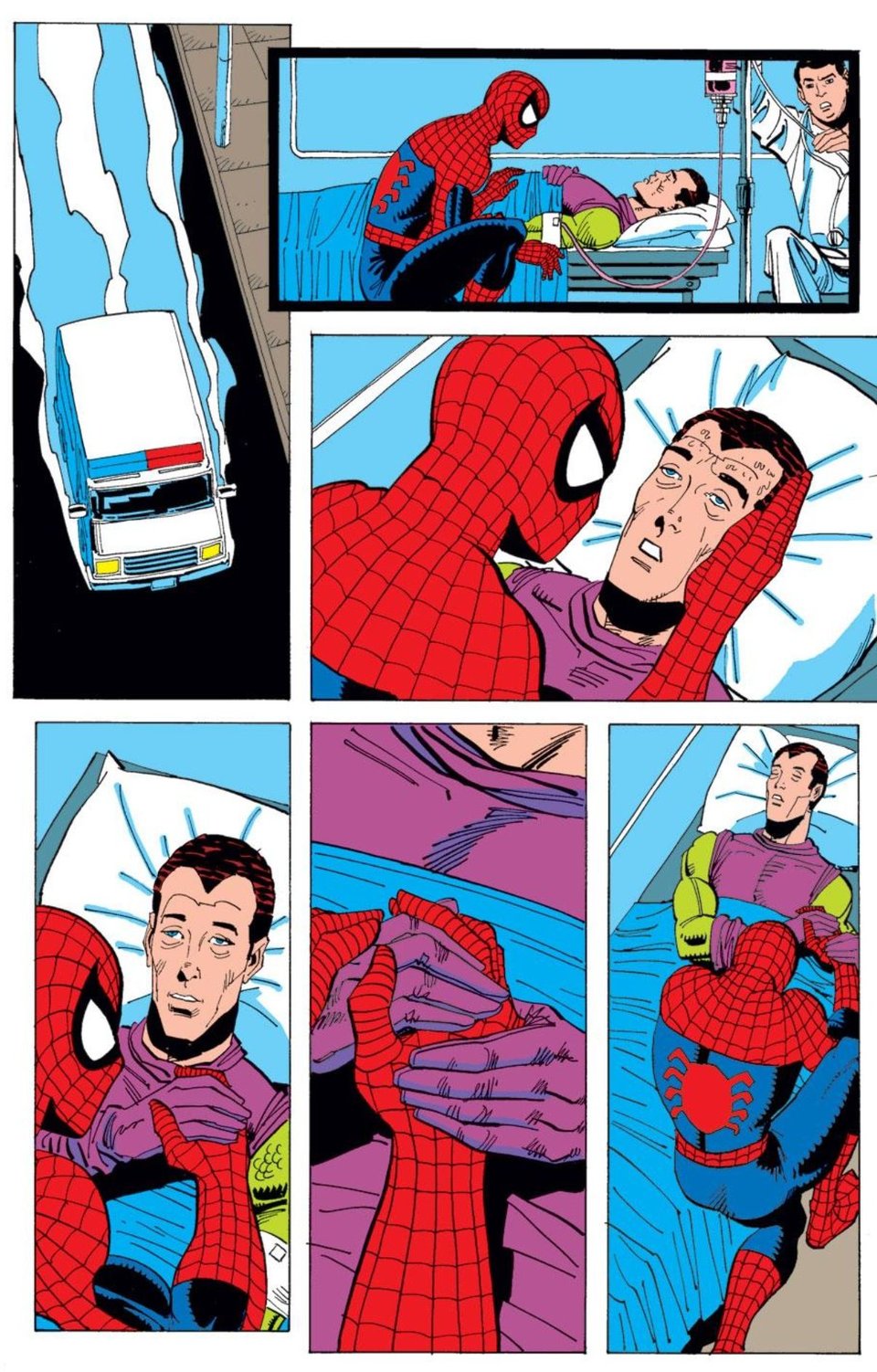 A wordless page from SPECTACULAR SPIDER-MAN where Harry Osborn dies in the back of an ambulance, with Spider-Man by his side.