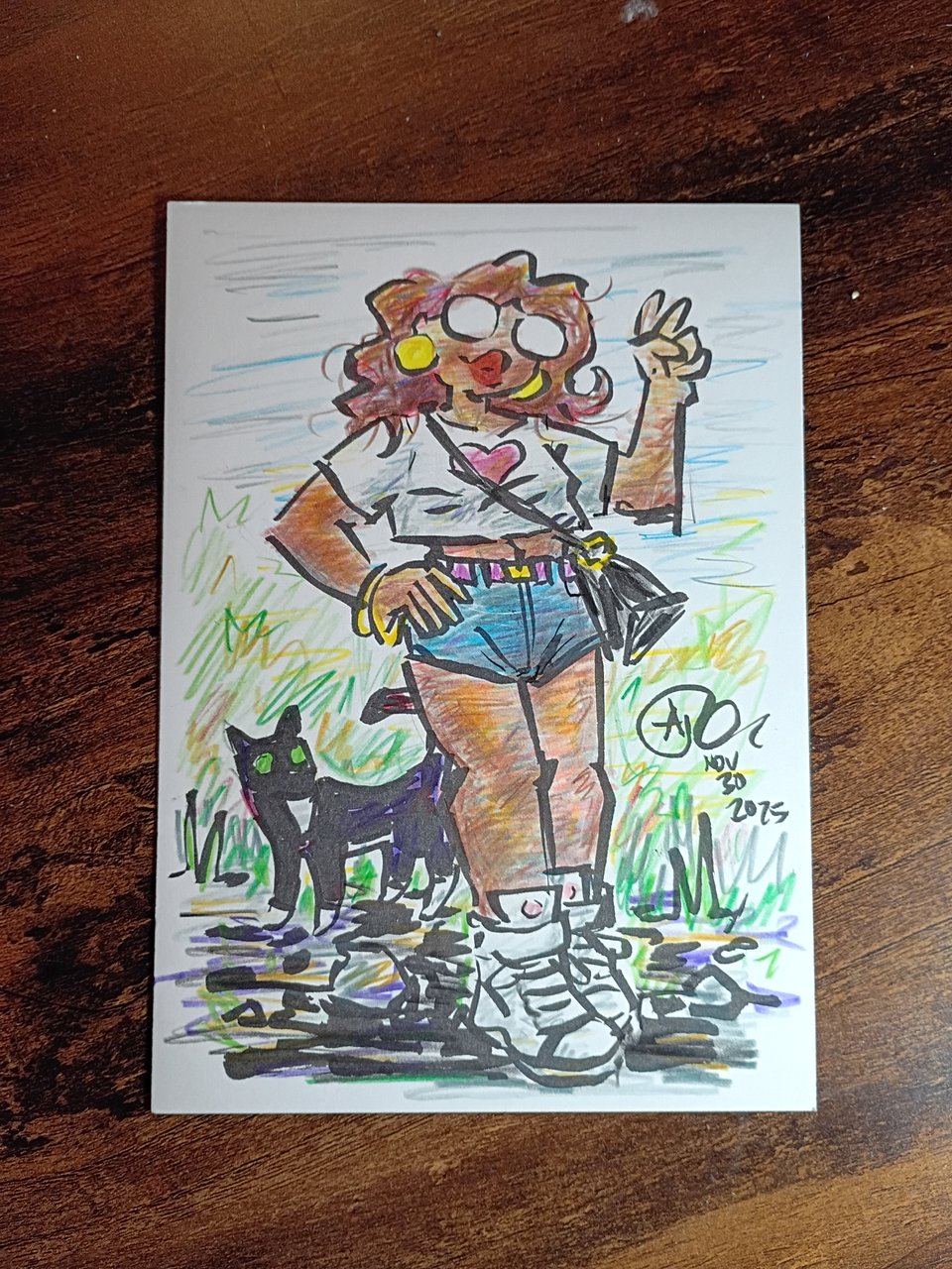 drawing of Val in a casual outfit. A cat is there.