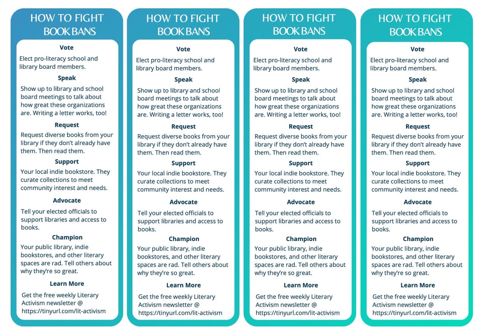 Image of four bookmarks side by side. They have a blue ombre border and list ways that individuals can fight book bans.