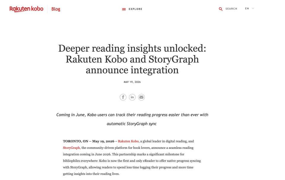 Screenshot of a Rakuten Kobo blog post titled “Deeper reading insights unlocked: Rakuten Kobo and StoryGraph announce integration”. The date is May 19, 2026. A subheading reads: “Coming in June, Kobo users can track their reading progress easier than ever with automatic StoryGraph sync.” The opening paragraph announces a seamless reading integration coming in June 2026.