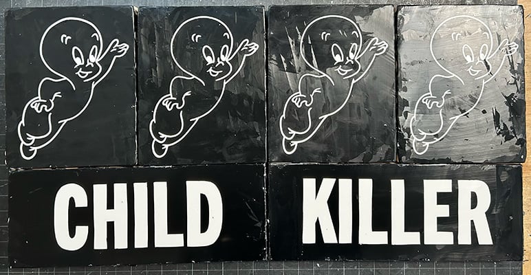 4 paintings of Casper with two paintings below that say CHILD KILLER
