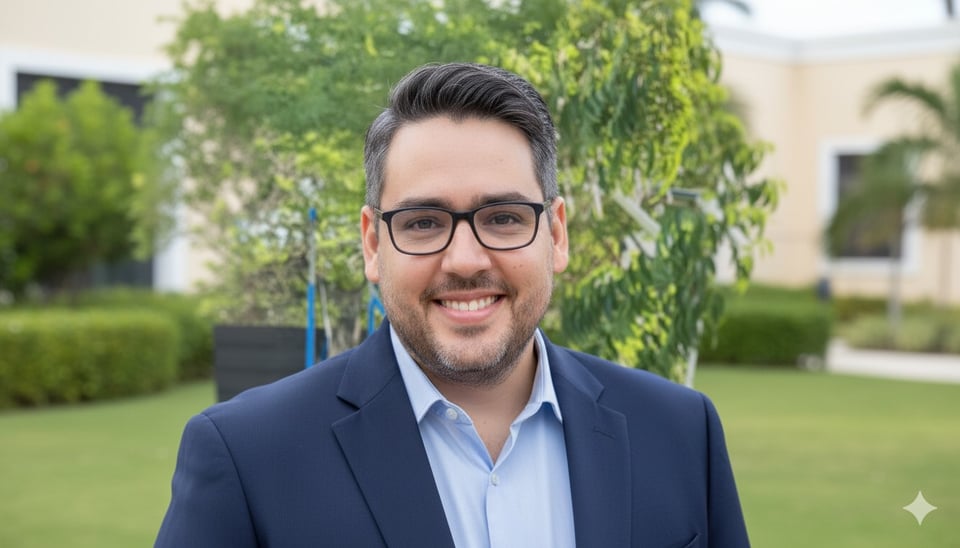 Rendell de Kort, wearing a professional suit and glasses, smiling into the camera.