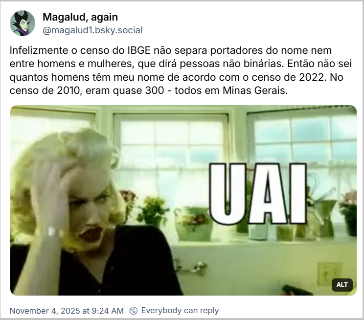 Post de Magalud, again (‪@magalud1.bsky.social‬) com o texto: Infelizmente o censo do IBGE não separa portadores do nome nem entre homens e mulheres, que dirá pessoas não binárias. Então não sei quantos homens têm meu nome de acordo com o censo de 2022. No censo de 2010, eram quase 300 - todos em Minas Gerais.