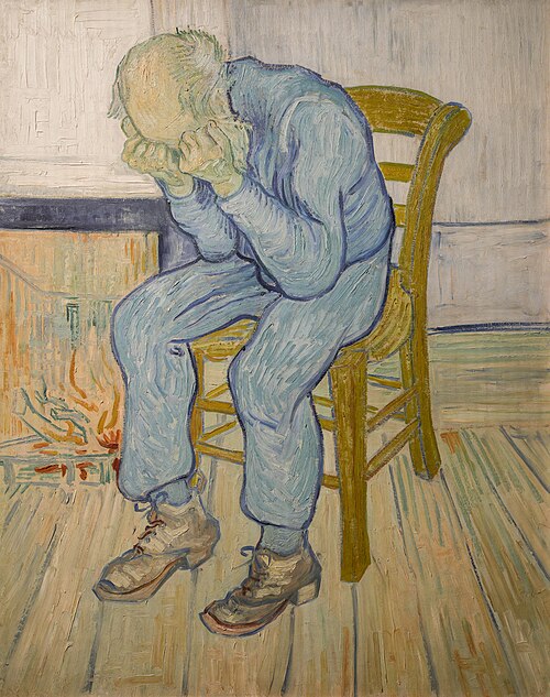 "At Eternity's Gate", Vincent van Gogh, 1890. An old man in a chair weeping into his open hands. It's drawn in a way that feels reminiscent of colored pencils and youth but is of a worn and miserable subject.