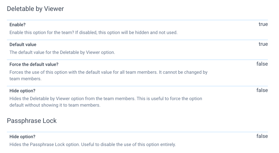 Extended team policy view showing the new options available