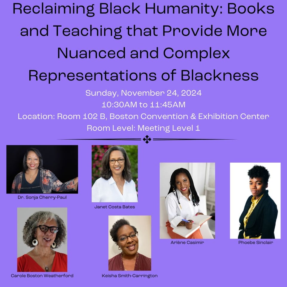 Five author photos of participants in panel, Reclaiming Black Humanity, at NCTE Boston