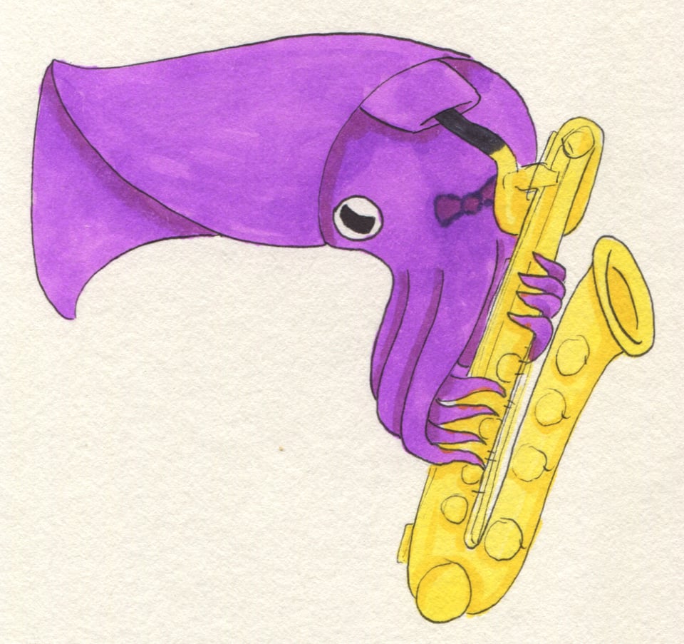 Ink and marker drawing of a purple squid playing a baritone saxophone. The squid is ventral-side up, giving a clear view of the instrument's mouthpiece in its siphon. It has a skin pattern that looks like a bow tie on its head.