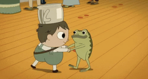 A gif of Greg (Over the Garden Wall, animated) dancing with a frog